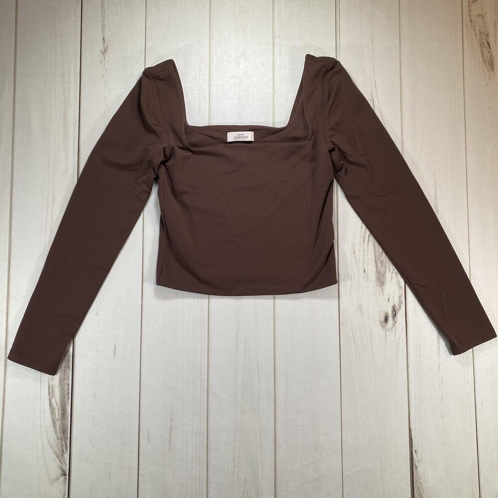 Aritzia Babaton Shirt Womens Medium Brown Contour Square Neck Long Sleeve Top
